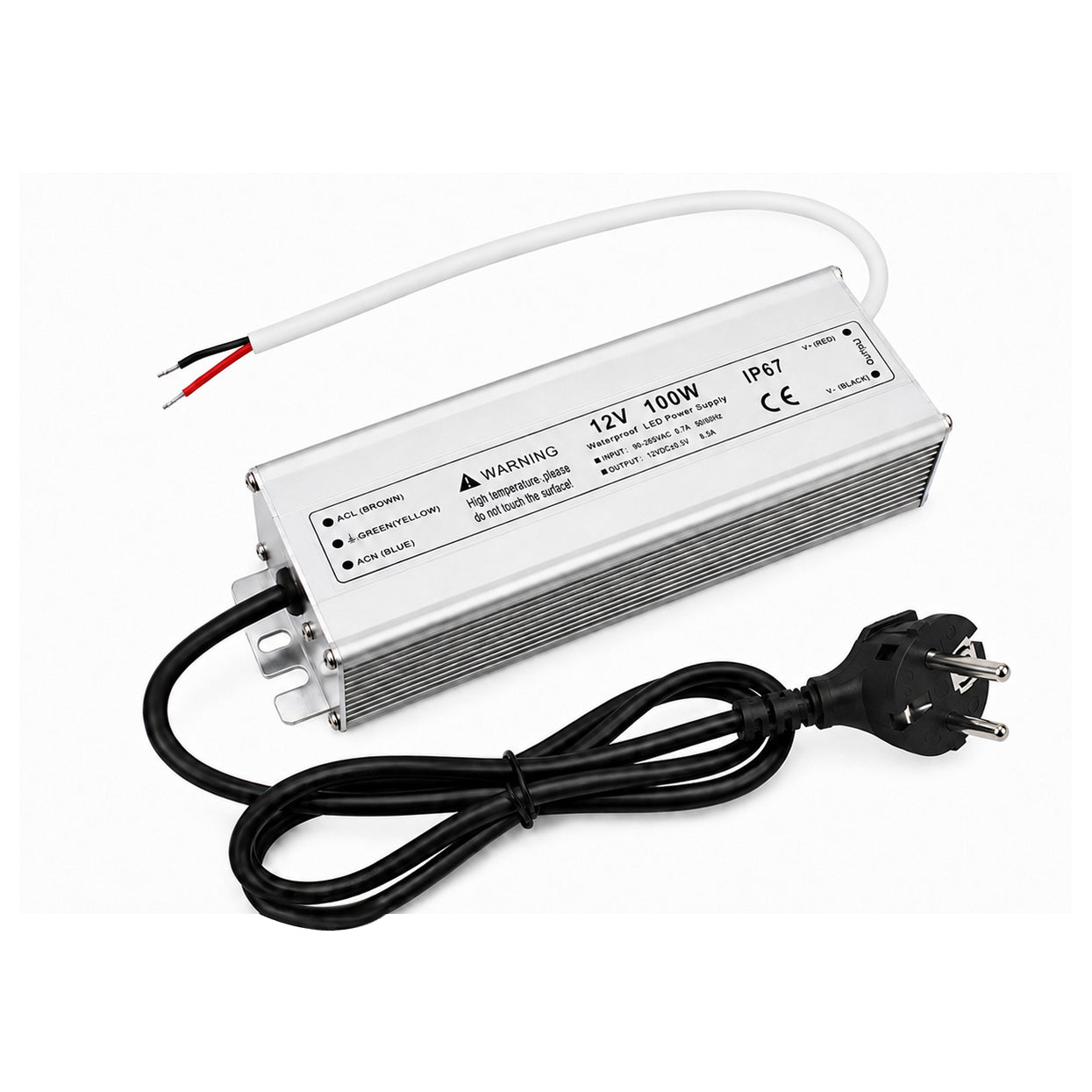 100W 12V/24V Waterproof LED Power Supply, 90-265V Input, Single Output, Aluminum Housing, Outdoor LED Lighting Driver, CE/RoHS/FCC Certified, US/UK/EU Plug
