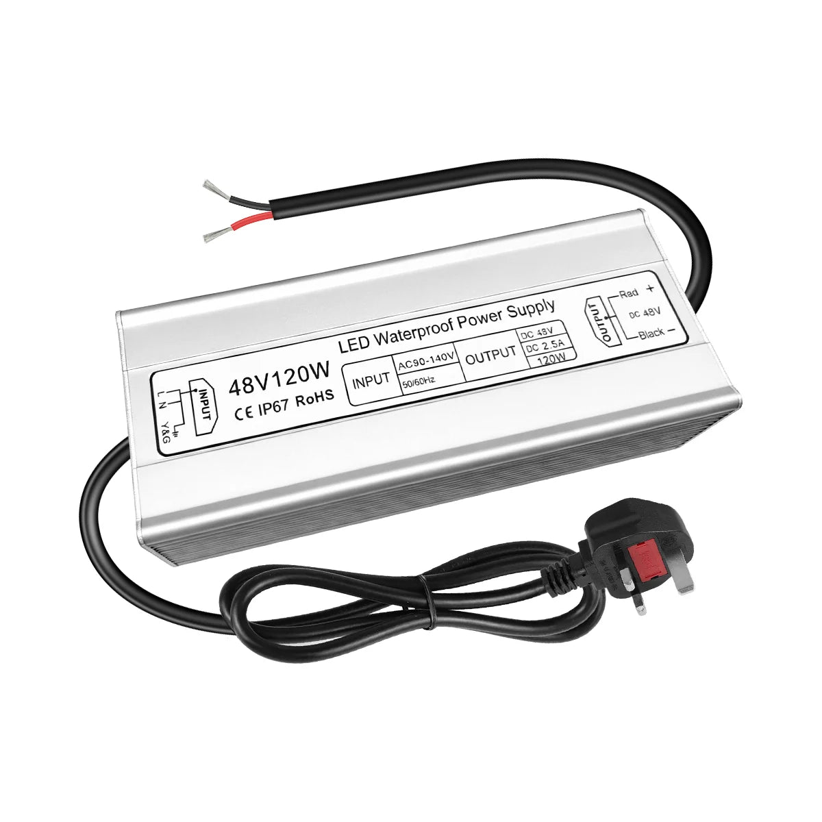 120W 36V/48V Waterproof LED Power Supply, 175-265V Input, Single Output, Aluminum Housing, Outdoor LED Lighting Driver, CE/RoHS/FCC Certified, UK/EU Plug
