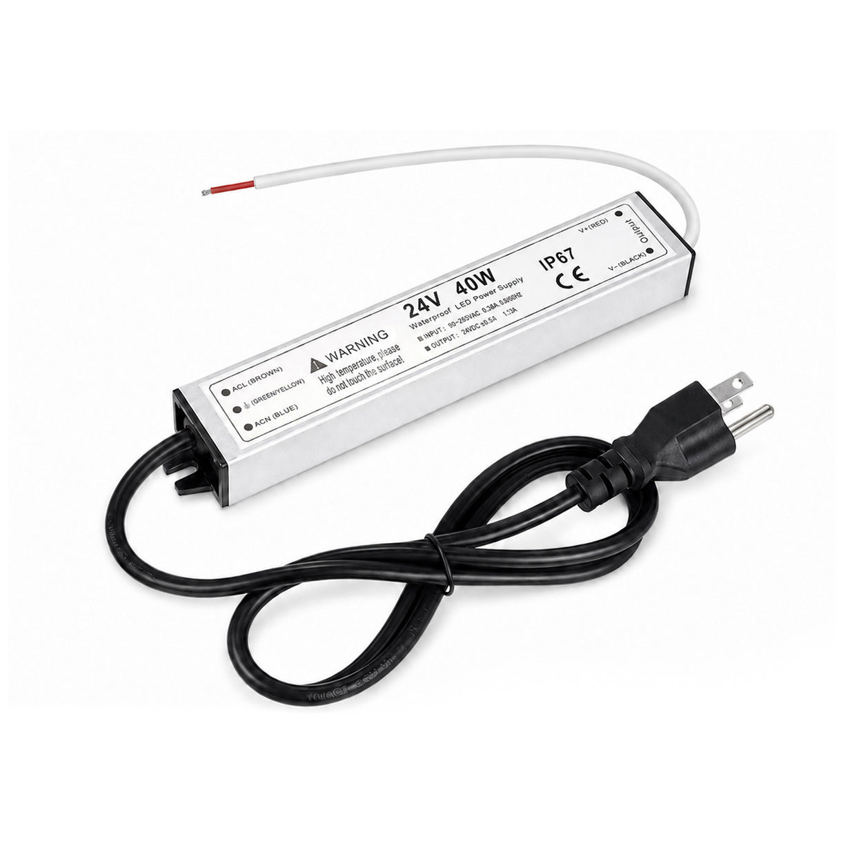 40W 12V/24V Waterproof LED Power Supply, 90-265V Input, Single Output, Aluminum Housing, Outdoor LED Lighting Driver, CE/RoHS/FCC Certified, US/UK/EU Plug