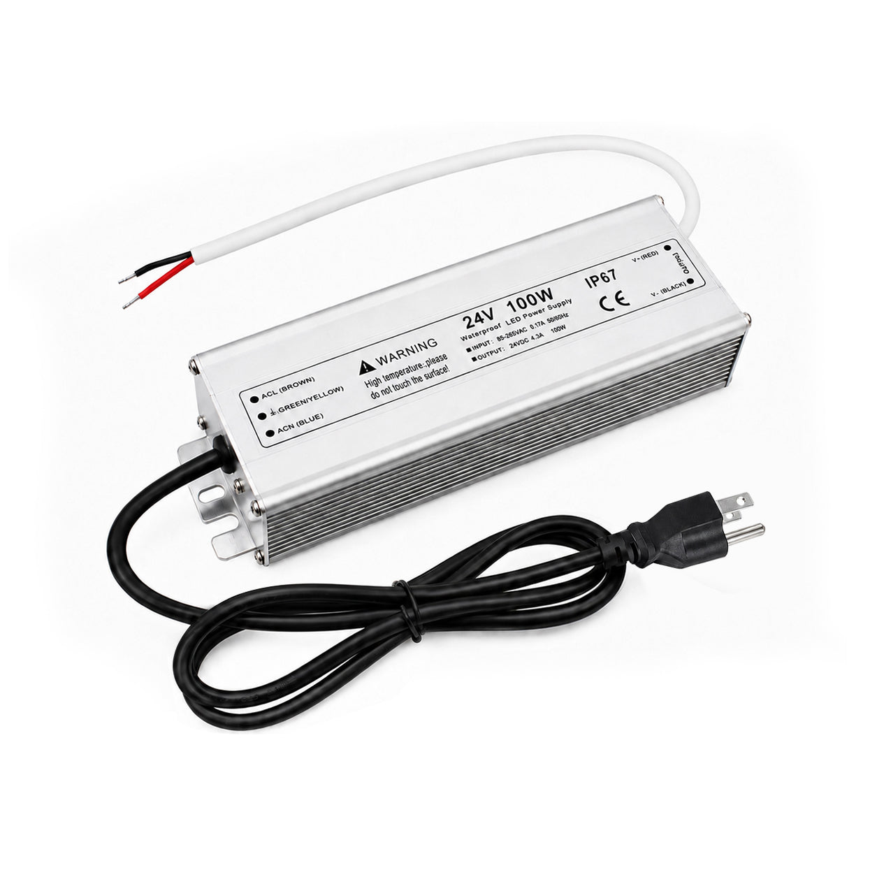 100W 12V/24V Waterproof LED Power Supply, 90-265V Input, Single Output, Aluminum Housing, Outdoor LED Lighting Driver, CE/RoHS/FCC Certified, US/UK/EU Plug