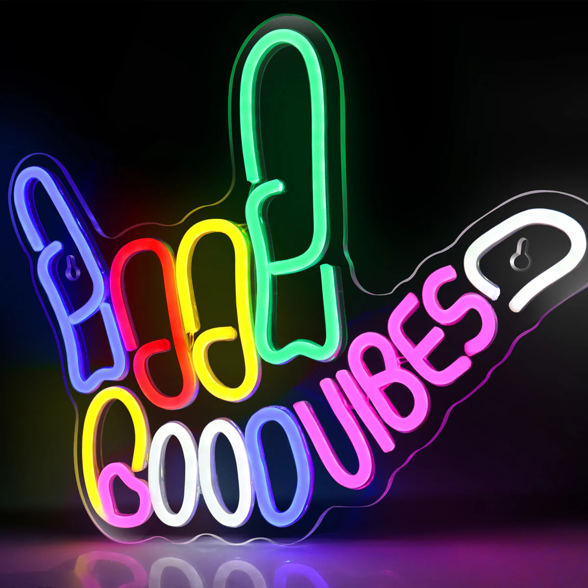Good Vibes Neon Sign with Love Hand Gesture – USB Powered | 17×13” | Multi-Color LED Wall Decor for Ambiance & Vibe Enhancement | Hanging
