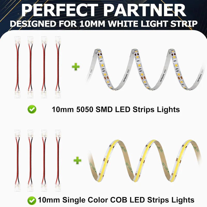 LightingWill LED Strip Connector 10mm 2Pin Transparent Solderless Clips, LED Light Strip Connector Crystal Strip to Wire Strip to Strip DC Adapter Connector, Local Stock US UK
