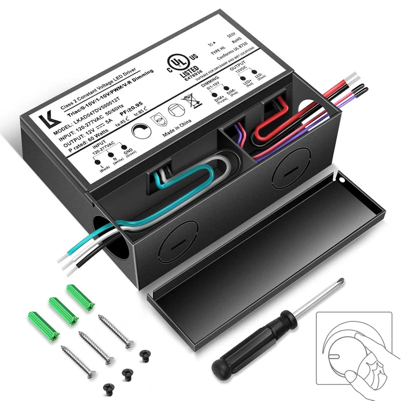12V DC 5-in-1 Dimmable LED Power Supply – 60W / 100W / 200W UL Listed Waterproof LED Driver, AC 120–277V Input, Compatible with Triac / ELV / 0-10V / PWM / Resistive Dimming