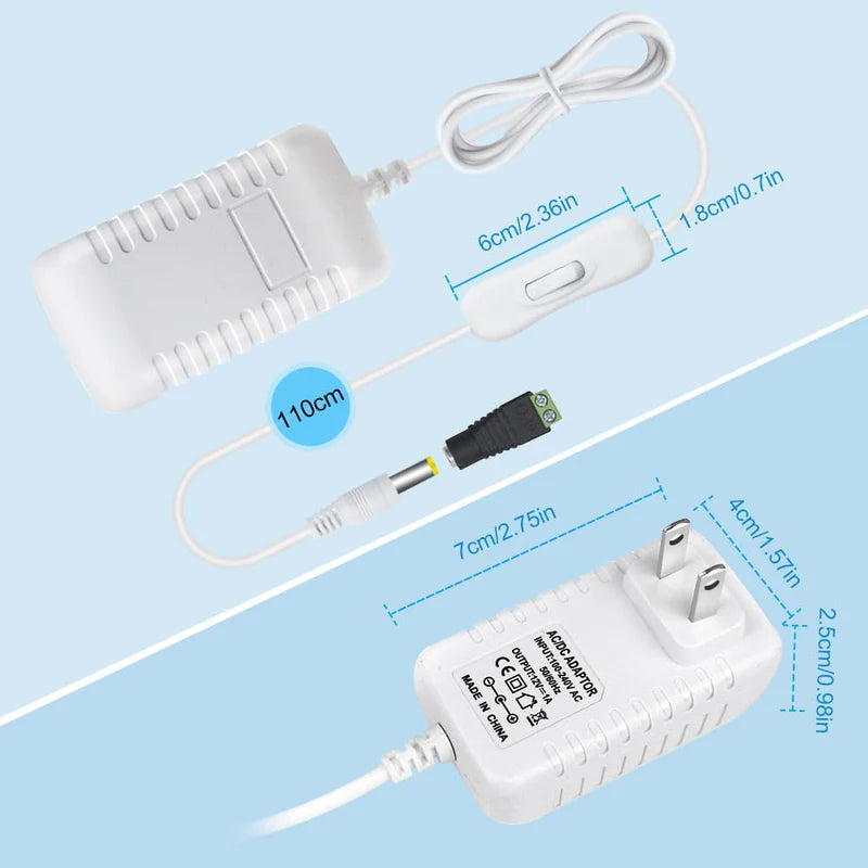 Power Supply Adapter DC 12V with On/Off Switch, 12W–36W Options, AC 100–240V Wall Plug Charger with US Plug, Black/White Housing for LED Strip Lights, Electronics