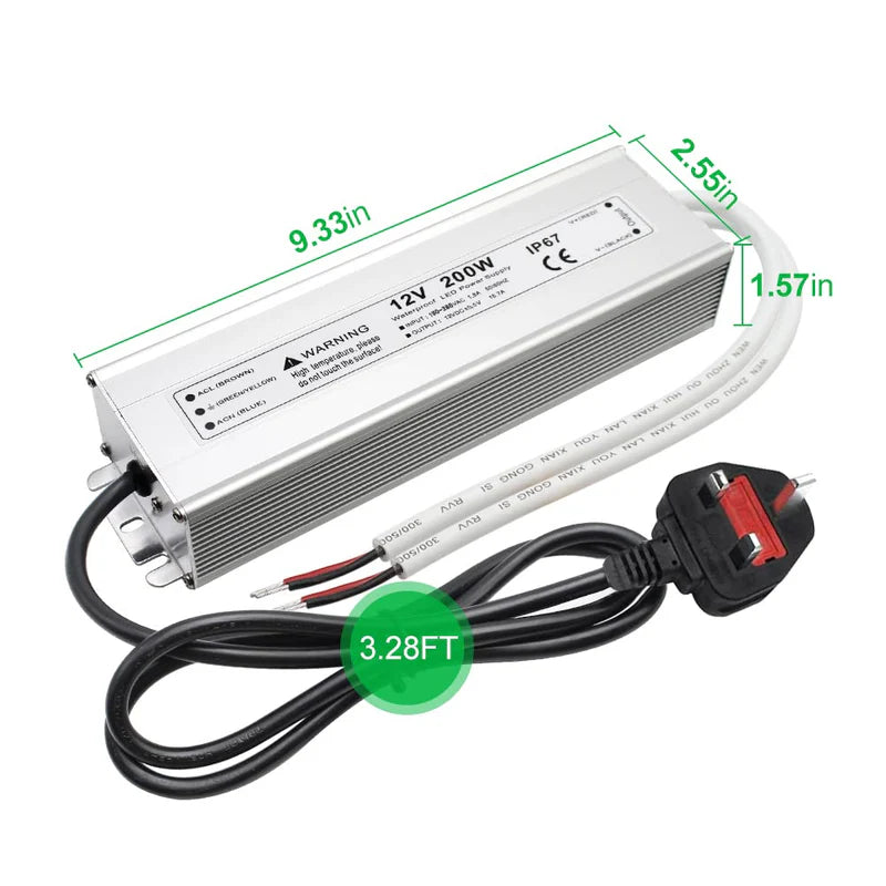 12V Waterproof LED Power Supply – 200W–500W Outdoor LED Driver, 175–265V AC Input, Single or Dual Wire Output, CE/RoHS/FCC Certified, UK/EU Plug & Wire Lead Options