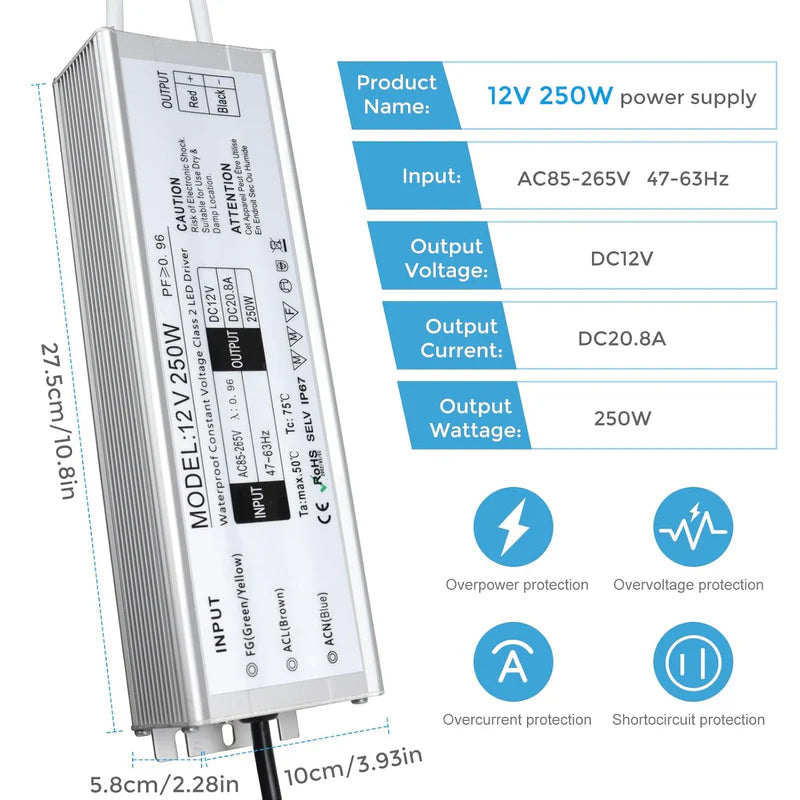 12V Waterproof LED Power Supply, 30W–300W Outdoor LED Driver, 90–265V AC Input, Single or Dual Wire Output, CE/RoHS/FCC Certified, US / UK / EU Plug & Wire Lead Options