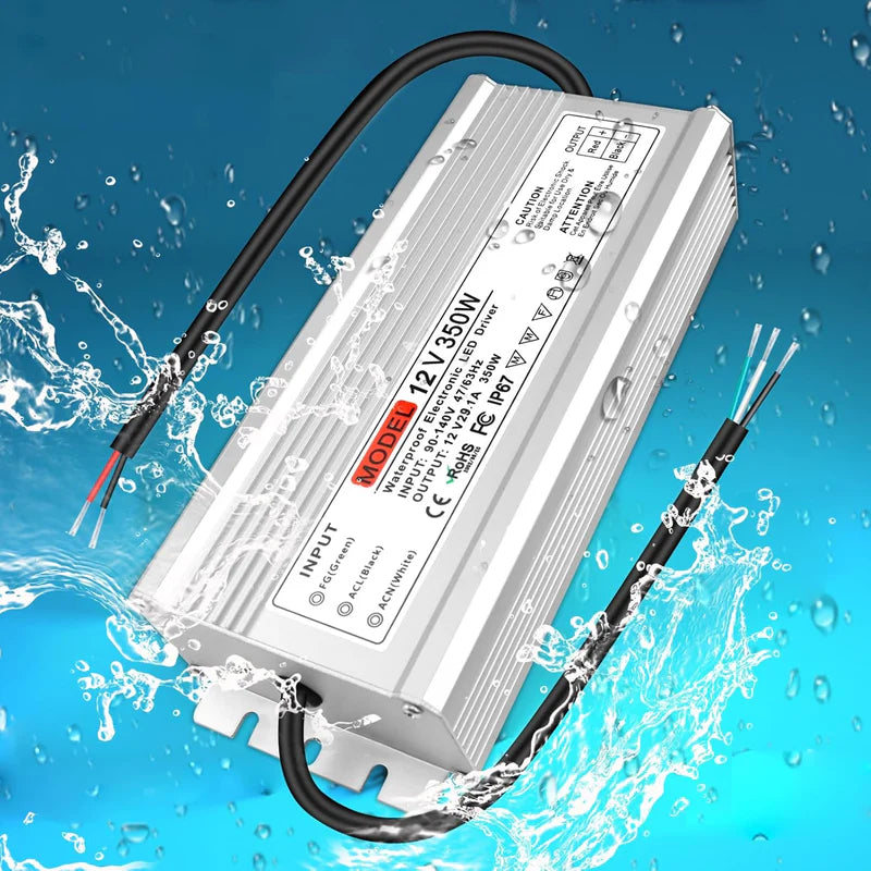 12V Waterproof LED Transformer, 200W–500W Outdoor LED Driver, 90–140V AC Input, Single or Dual Wire Output, CE/RoHS/FCC Certified, US Plug & Wire Lead Options