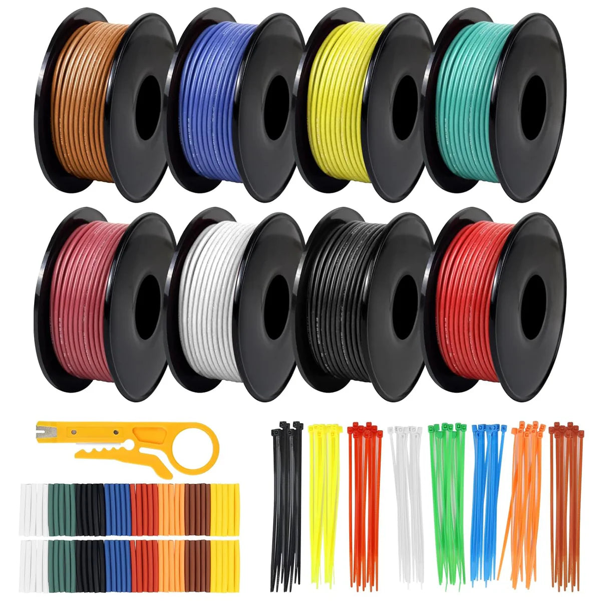 30 AWG Silicone Wire Spool Kit, Stranded Tinned Copper Electrical Hook Up Cable, Flexible Heat Resistant Wire Set for Professional Electronics, LED, DIY Projects, 3m–15m Each Roll × 8 Colors