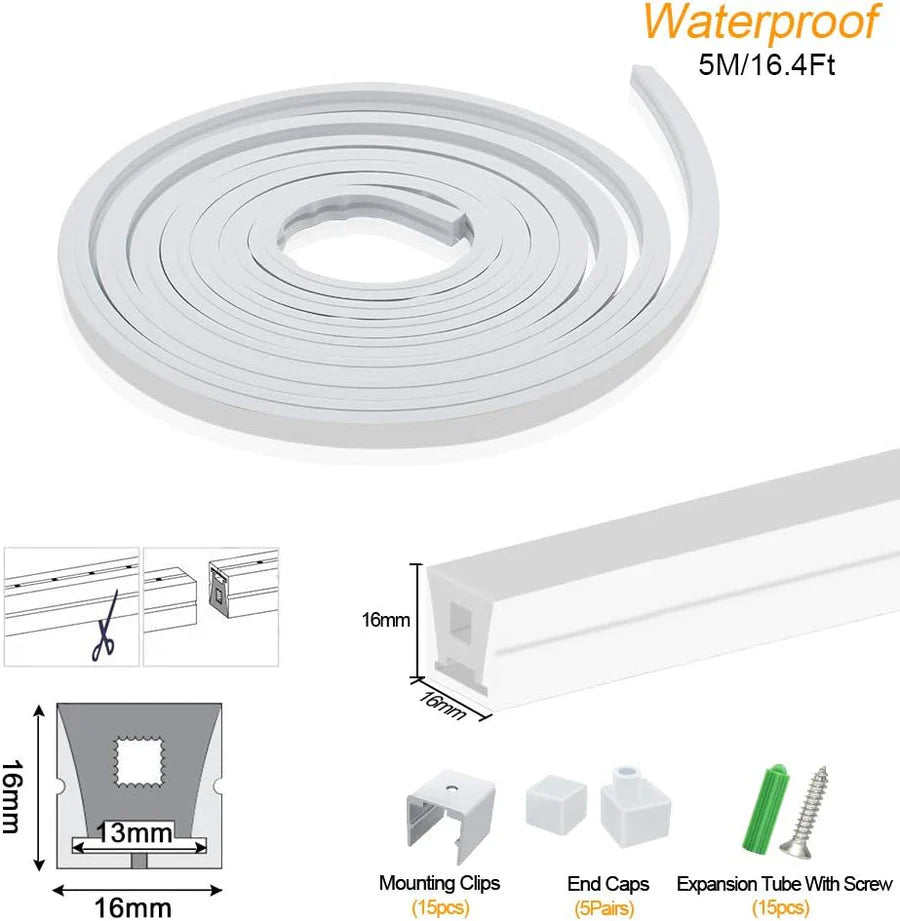 Neon Light Housing – S1616 | 16x16mm Silicone LED Channel System | IP67 Waterproof | 12mm PCB Width | 16.4FT/5M | Local Stock US/UK/DE