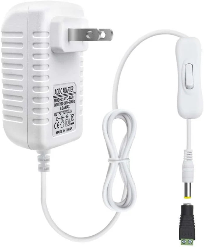 Power Supply Adapter DC 12V with On/Off Switch, 12W–36W Options, AC 100–240V Wall Plug Charger with US Plug, Black/White Housing for LED Strip Lights, Electronics