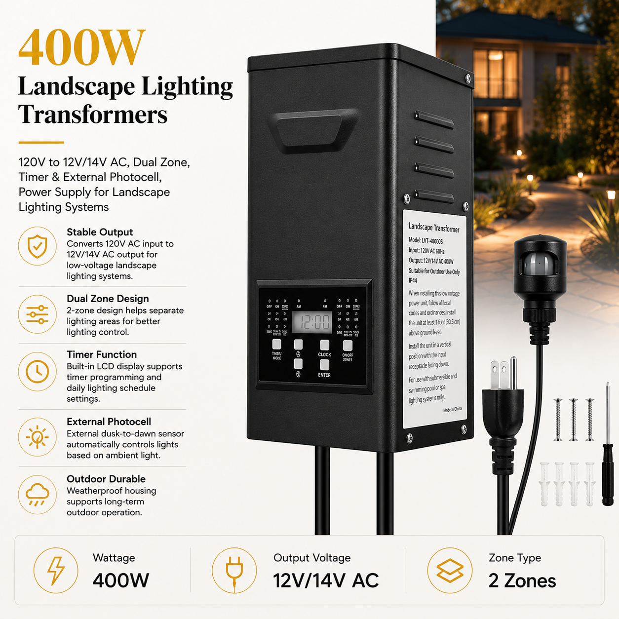 400W Landscape Lighting Transformers – 120V to 12V/14V AC, Dual Zone, Timer & External Photocell, Power Supply for Landscape Lighting Systems