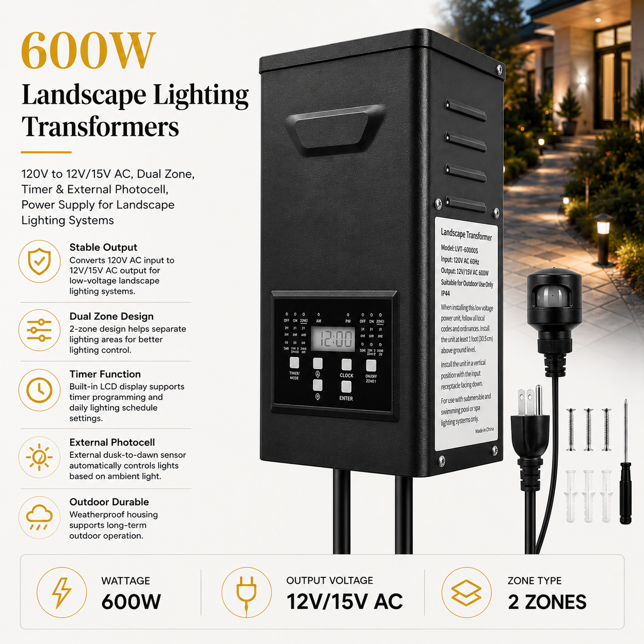 600W Landscape Lighting Transformers – 120V to 12V/15V AC, Dual Zone, Timer & External Photocell, Power Supply for Landscape Lighting Systems