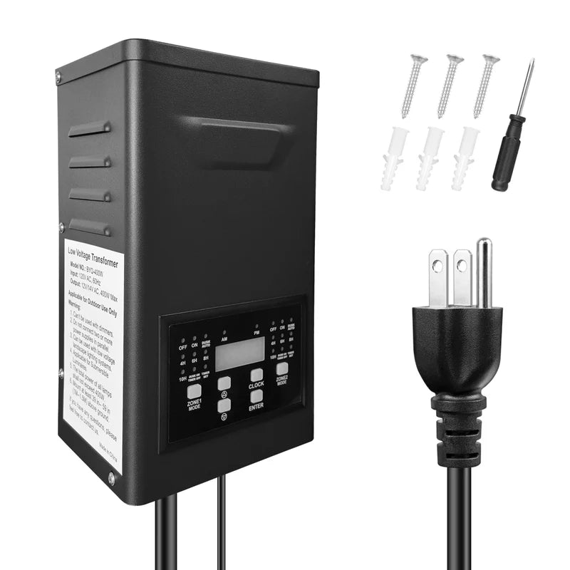Low Voltage Landscape Lighting Transformer 300W / 400W with Dual Zones, Timer & Photocell Sensor – Outdoor 120V AC to 12V/14V AC Power Supply for Spot Lights, Step Lights and Path Lighting