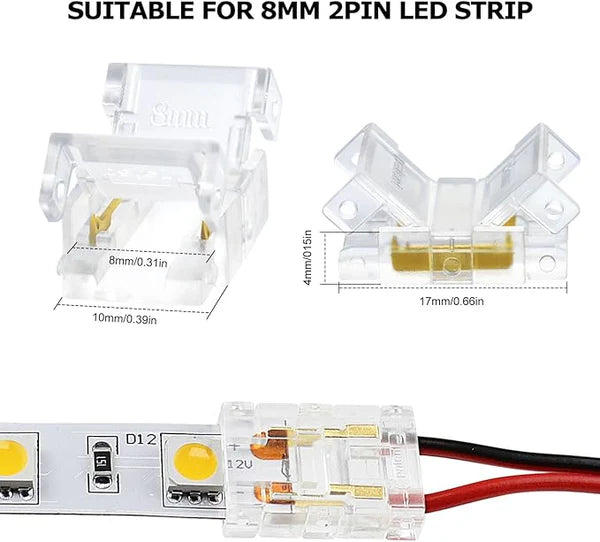 LightingWill LED Strip Connector 10mm 2Pin Transparent Solderless Clips, LED Light Strip Connector Crystal Strip to Wire Strip to Strip DC Adapter Connector, Bulk 500pcs MOQ Factory Direct