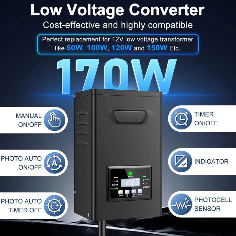 150W/170W Landscape Lighting Transformers – 120V to 12V/15V AC, Single Zone, Timer & Internal Photocell, Power Supply for Landscape Lighting Systems