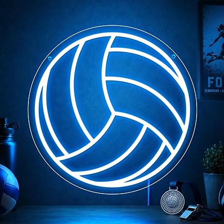 LED Neon Signs – Volleyball Silicone Neon Sign – 12×12 Inch | 5V USB Powered Dimmable Ice Blue Glow LED Wall Light | Neon Lamp with Accessories Included | Hanging Sports Decor for Bedroom, Game Room, Bar & Party Spaces