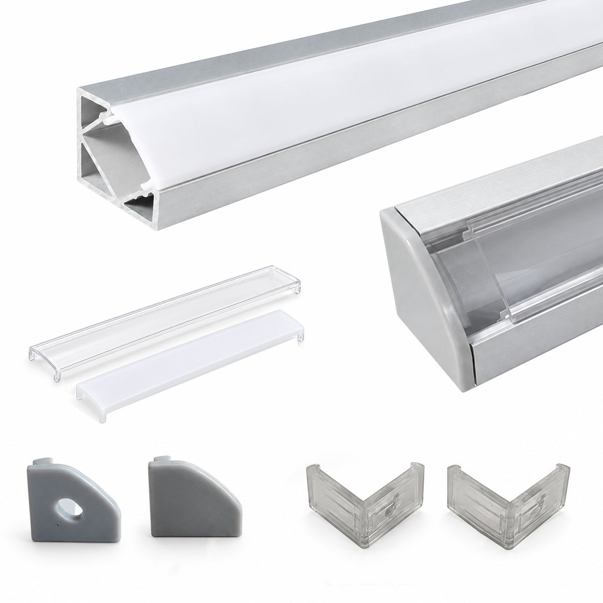 Silver V03 18x18mm V-Shape Corner-Mount LED Aluminum Channel, 12mm Inner Width, with Cover, End Caps & Mounting Clips