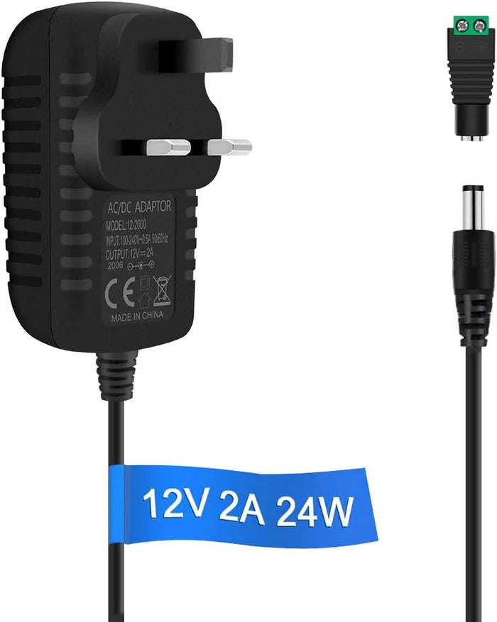 Power Supply Adapter DC 12V 12W–24W, AC 100–240V Wall Plug Transformer with US/UK Plug, Black Case LED Driver for LED Strip Lights, CCTV, Electronics