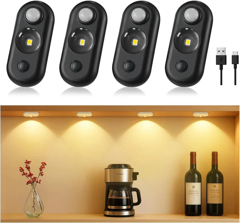 LightingWill Rechargeable Oval LED Closet Light 4/6 Pack, Motion Sensor Tap Switch Dimmable Cabinet Light, Warm / Daylight White, Black / White Finish, Magnetic Mounting for Closets and Cabinets
