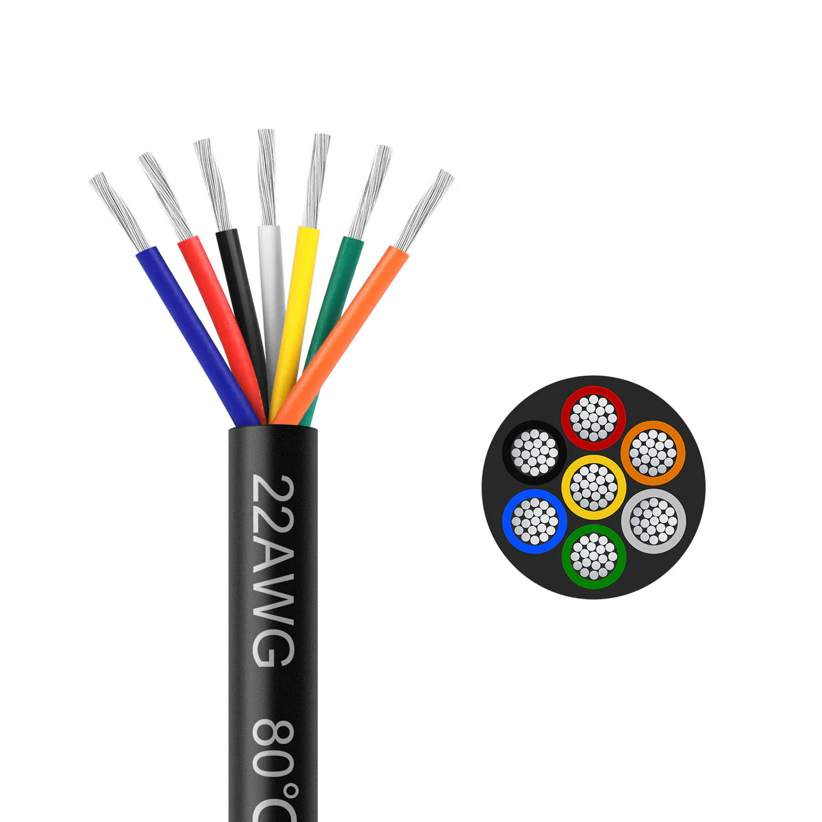 22 AWG Electrical Cable, Stranded Tinned Copper Multi-Conductor Wire, 6/7/8 Core, Black/White PVC Sheathed Flexible Control Wire — 3m–50m (10ft–165ft) Options