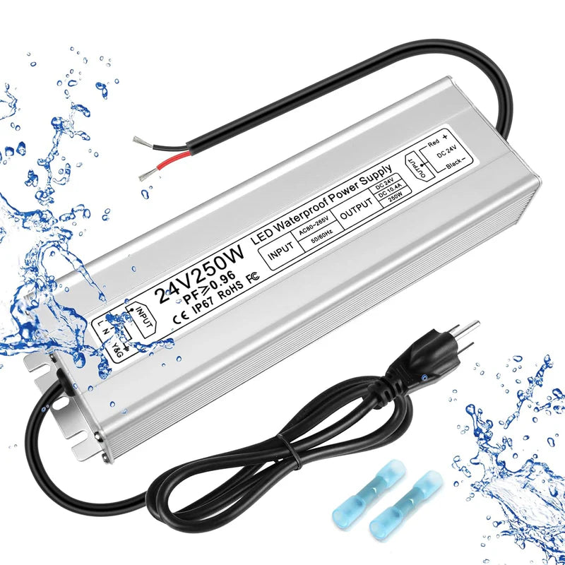 24V Waterproof LED Power Supply – 30W–300W Outdoor LED Driver, 90–265V AC Input, Single or Dual Wire Output, CE/RoHS/FCC Certified, US/UK/EU Plug & Wire Lead Options