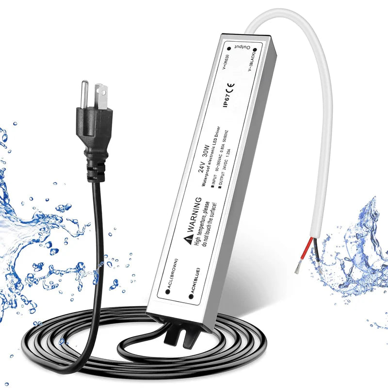 24V Waterproof LED Power Supply – 30W–300W Outdoor LED Driver, 90–265V AC Input, Single or Dual Wire Output, CE/RoHS/FCC Certified, US/UK/EU Plug & Wire Lead Options