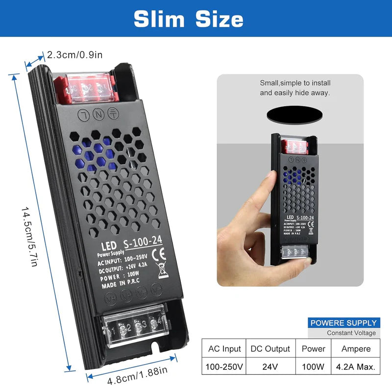Slim Black DC 12V/24V 36W–200W Switching Power Supply, AC 110–250V Input, Narrow Type LED Transformer, Compact Metal Housing, CE/FCC/RoHS Certified