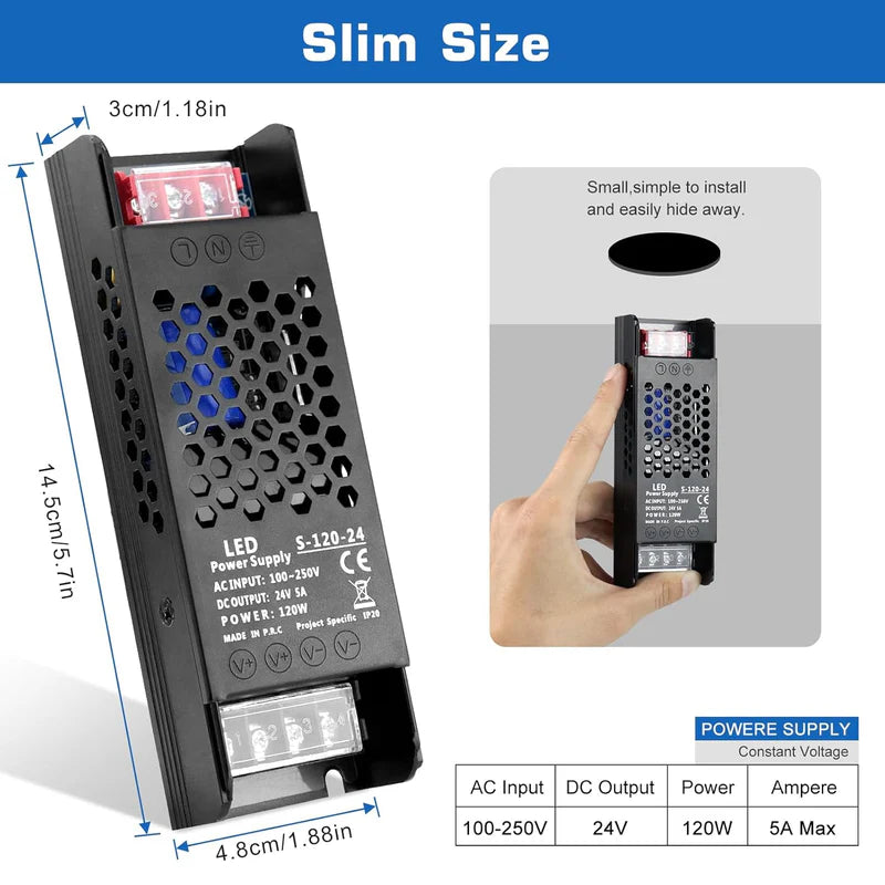Slim Black DC 12V/24V 36W–200W Switching Power Supply, AC 110–250V Input, Narrow Type LED Transformer, Compact Metal Housing, CE/FCC/RoHS Certified