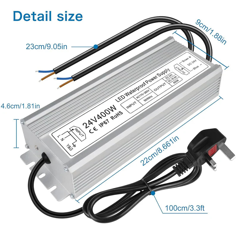 24V Waterproof LED Driver – 200W–500W Outdoor Power Adapter, 175–265V AC Input, Single or Dual Wire Output, CE/RoHS/FCC Certified, UK/EU Plug & Wire Lead Options