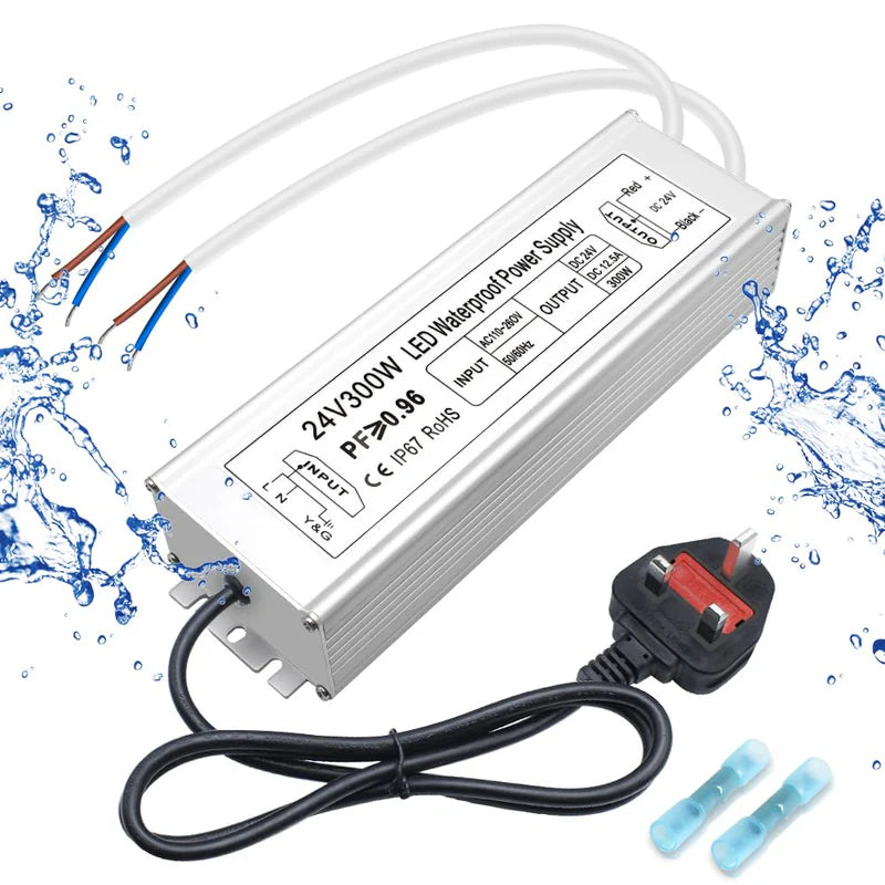 24V Waterproof LED Power Supply – 30W–300W Outdoor LED Driver, 90–265V AC Input, Single or Dual Wire Output, CE/RoHS/FCC Certified, US/UK/EU Plug & Wire Lead Options