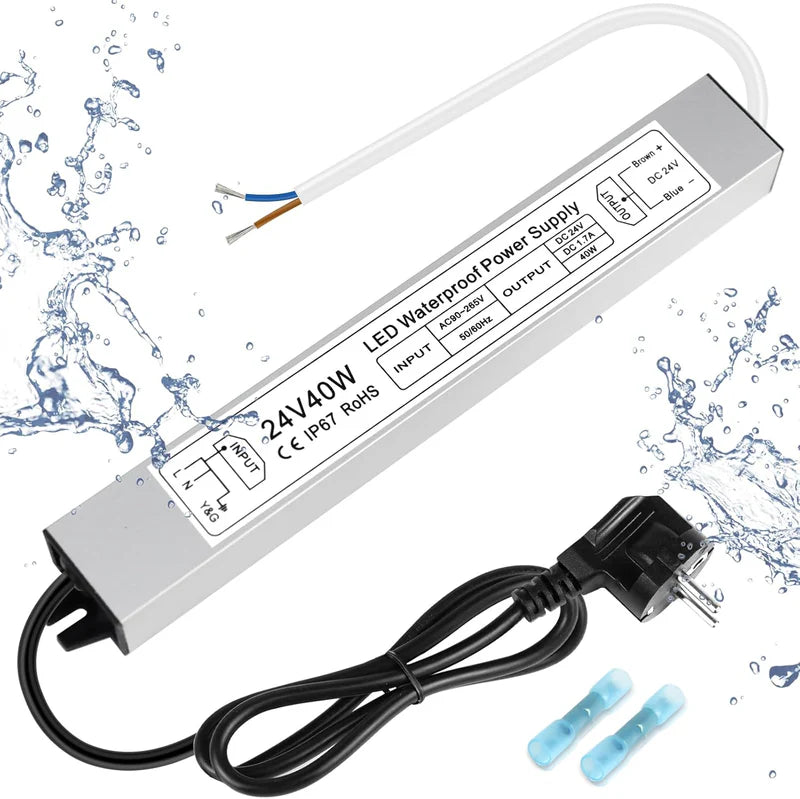 24V Waterproof LED Power Supply – 30W–300W Outdoor LED Driver, 90–265V AC Input, Single or Dual Wire Output, CE/RoHS/FCC Certified, US/UK/EU Plug & Wire Lead Options