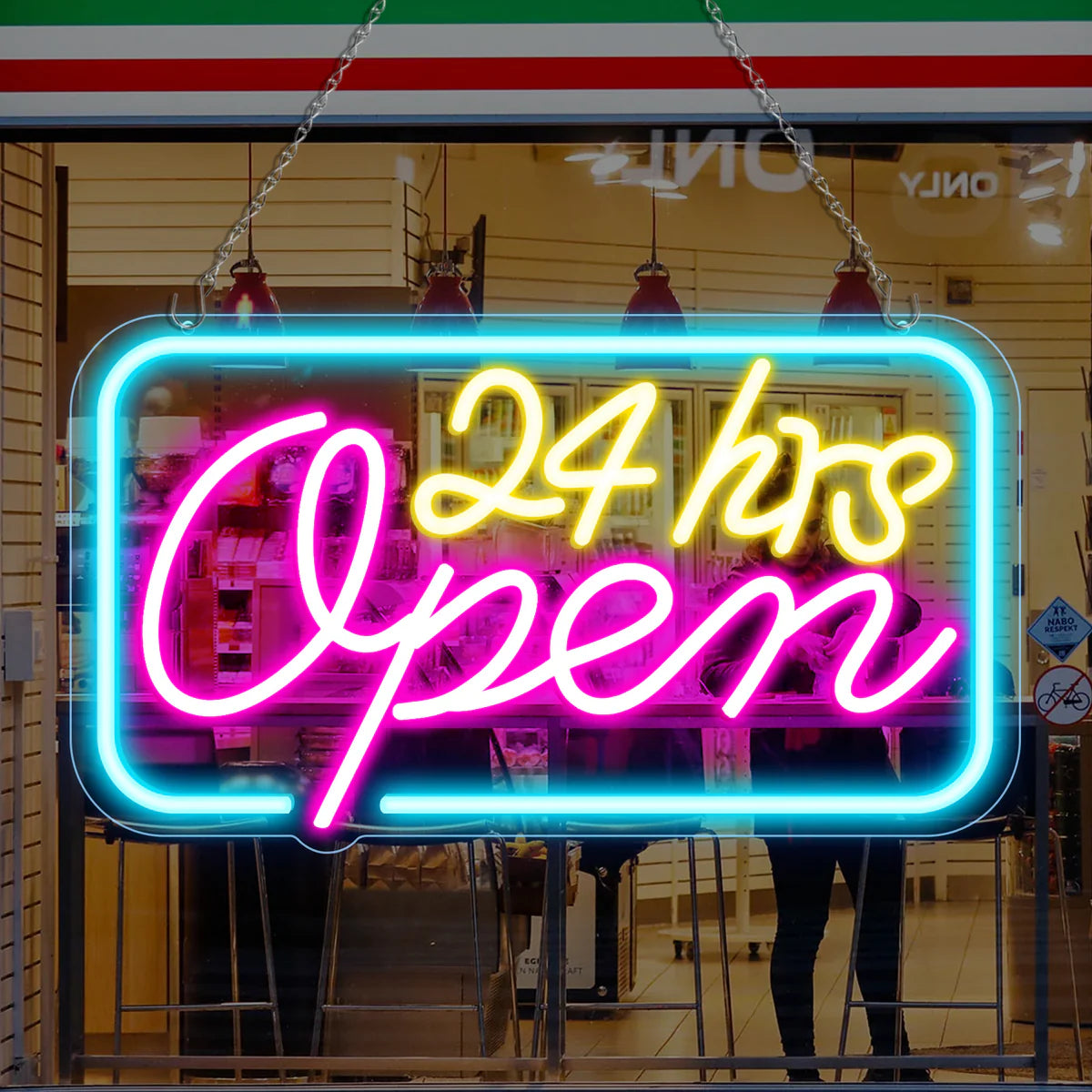 24hrs Open Neon Sign – 16×9 inch (40×23 cm) | Ice Blue, Yellow & Purple Glow | Window Hanging Light for 24 Hour Stores Plug & Play
