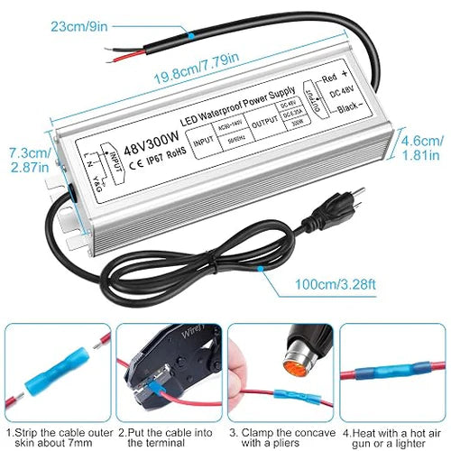 300W 36V/48V Waterproof LED Power Supply, 90-140V Input, Single Output, Aluminum Housing, Outdoor LED Lighting Driver, CE/RoHS/FCC Certified, US Plug