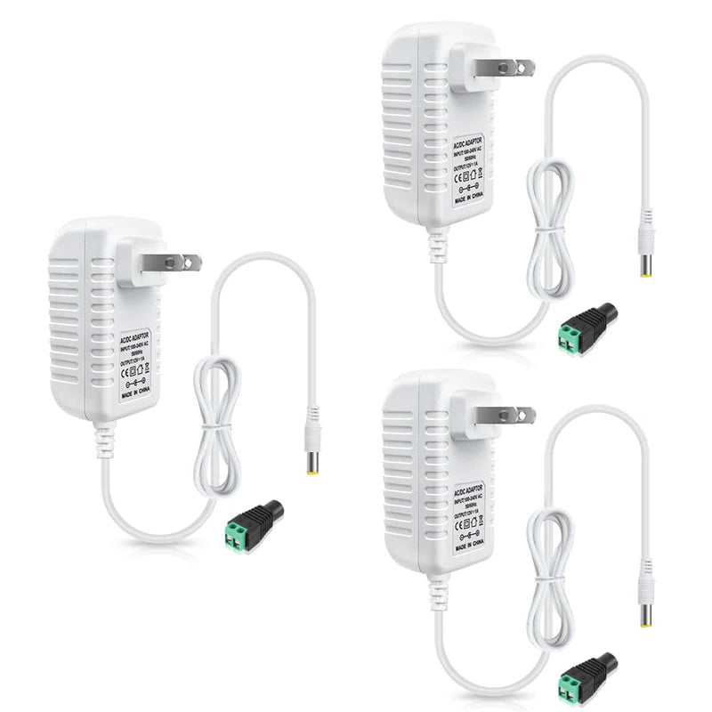 Power Supply Adapter DC 12V 12W–36W, AC 100–240V Wall Plug Transformer with US Plug, White Case LED Driver for LED Strip Lights, CCTV, Electronics