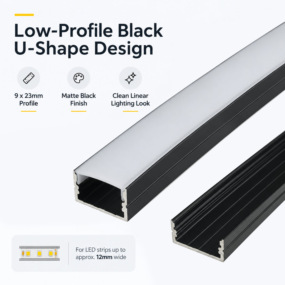 Black U04 10x23mm U-Shape LED Aluminum Channel, 20mm Inner Width, with Cover, End Caps & Mounting Clips