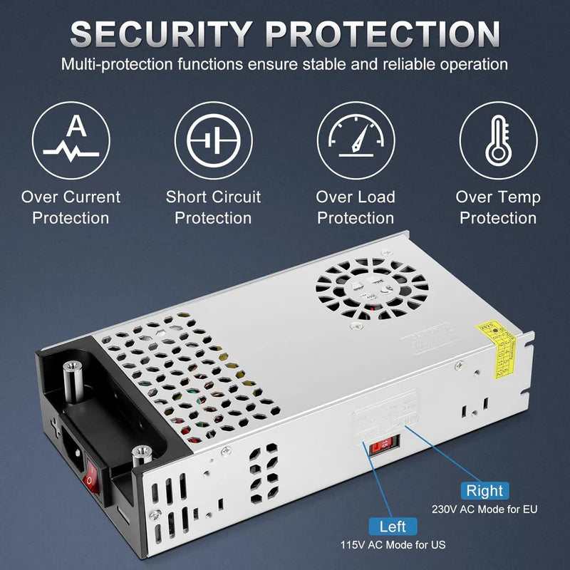 Upgrade DC 12V 360W–720W (30A–60A) Switching Power Supply, AC 110/240V Input Converter & Transformer, Cooling Fan Design, LED Driver Adapter for Strip Lights, 3D Printer, Radio — US/UK/EU Plug Options, CE/FCC/RoHS Certified