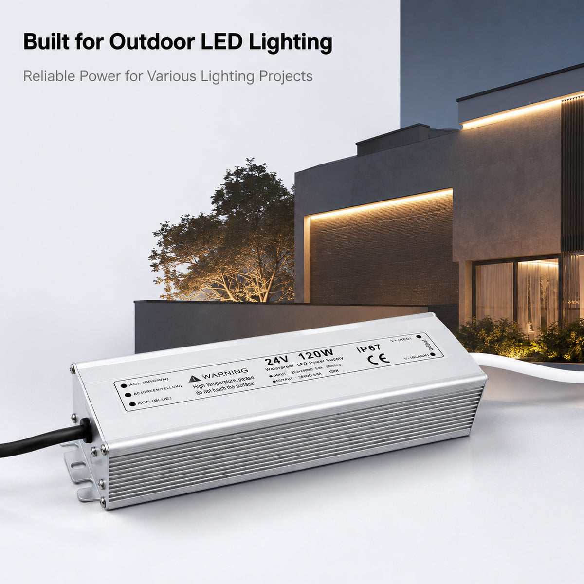 120W 12V/24V Waterproof LED Power Supply, 90-265V Input, Single/Dual Output, Aluminum Housing, Outdoor LED Lighting Driver, CE/RoHS/FCC Certified, US/UK/EU Plug
