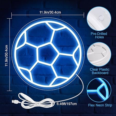 LED Neon Signs – Soccer Ball Silicone Neon Sign – 12×12 Inch | 5V USB Powered Dimmable Ice Blue Glow LED Wall Light | Neon Lamp with Accessories Included | Hanging Sports Decor for Bedroom, Game Room, Bar & Party Spaces