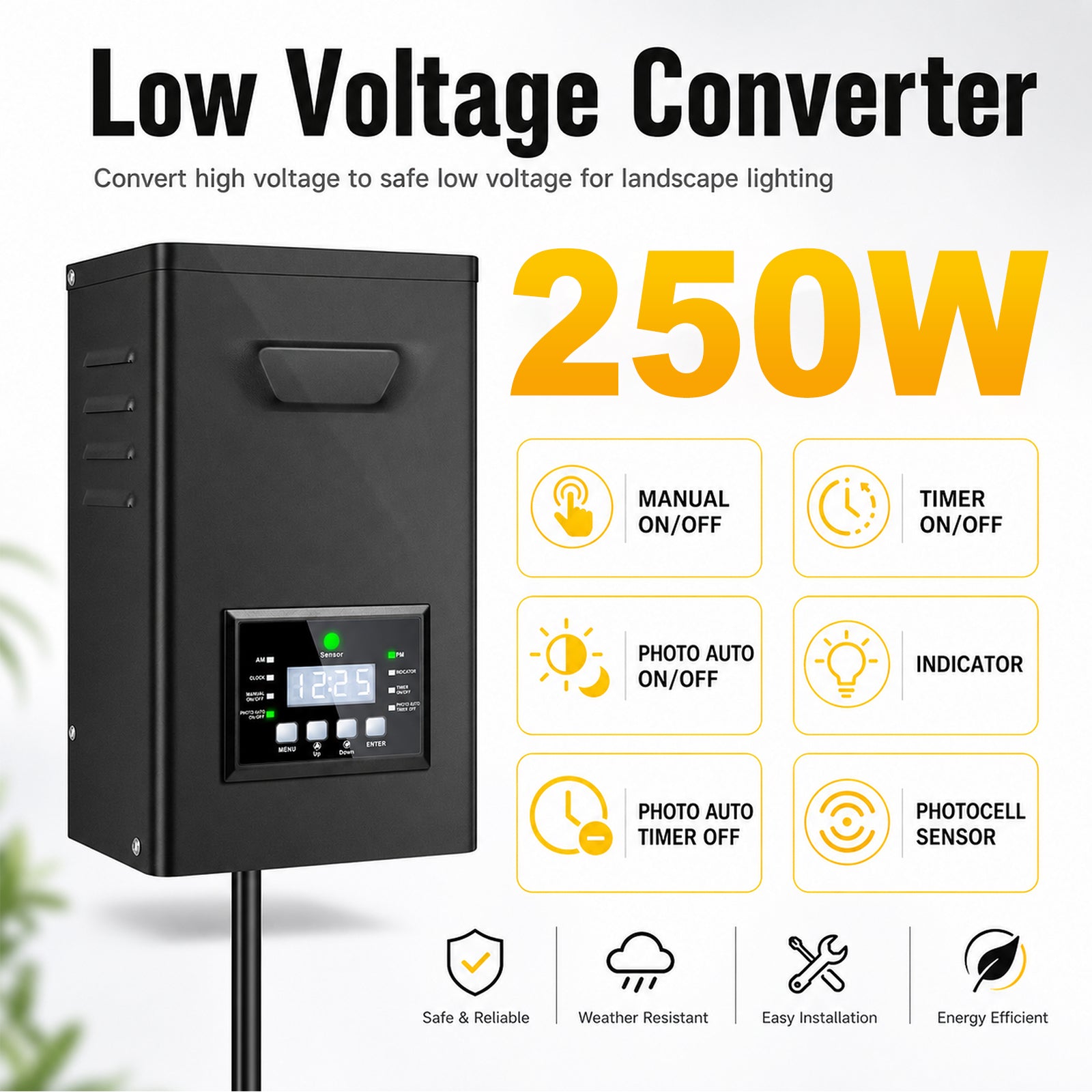 200W/250W Landscape Lighting Transformers – 120V to 12V/15V AC, Single Zone, Timer & Internal Photocell, Power Supply for Landscape Lighting Systems