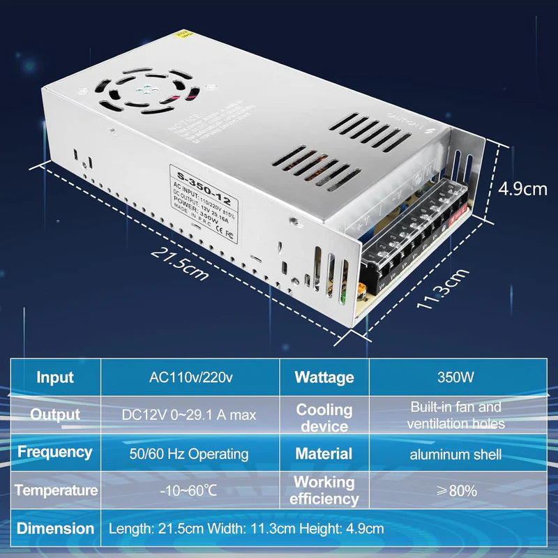 High Power DC 12V/24V 300W–600W Switching Power Supply, AC 110/220V Input, LED Driver Transformer, Metal Case with Cooling Fan, CE/FCC/RoHS Certified