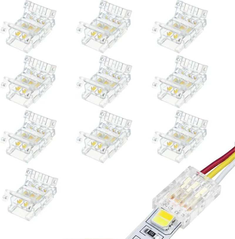 LightingWill LED Strip Connector 10mm 3Pin Transparent Solderless Clips, LED Light Strip Connector Strip to Wire Strip to Strip DC Adapter Connector for RGB IC Strip, Local Stock US UK