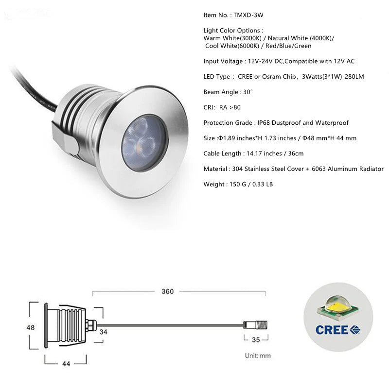 3W 3-LED Underwater Pool Lights – DC 12V / 24V Low Voltage | 3W | Stainless Steel & Aluminum Submersible Lights | IP68 Waterproof | Red / Green / Blue / 3000K / 4000K / 6000K for Pool, Fountain & Pond Lighting | 8 / 10-Pack