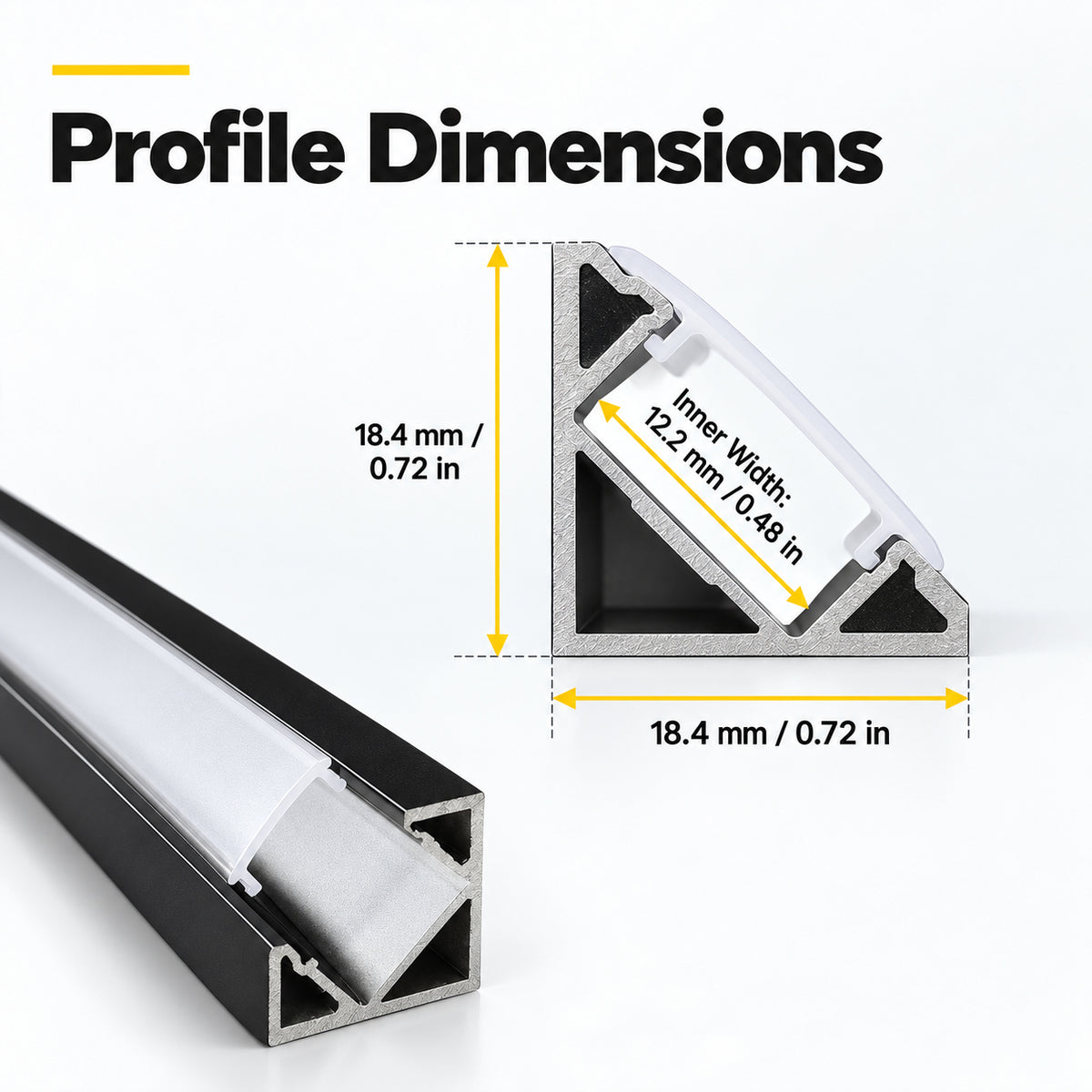 Black V03 18x18mm V-Shape Corner-Mount LED Aluminum Channel, 12mm Inner Width, with Cover, End Caps & Mounting Clips