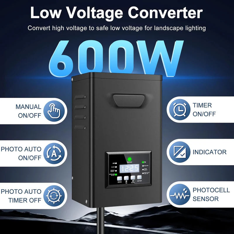 500W/600W Landscape Lighting Transformers – 120V to 12V/15V AC, Single Zone, Timer & Internal Photocell, Power Supply for Landscape Lighting Systems