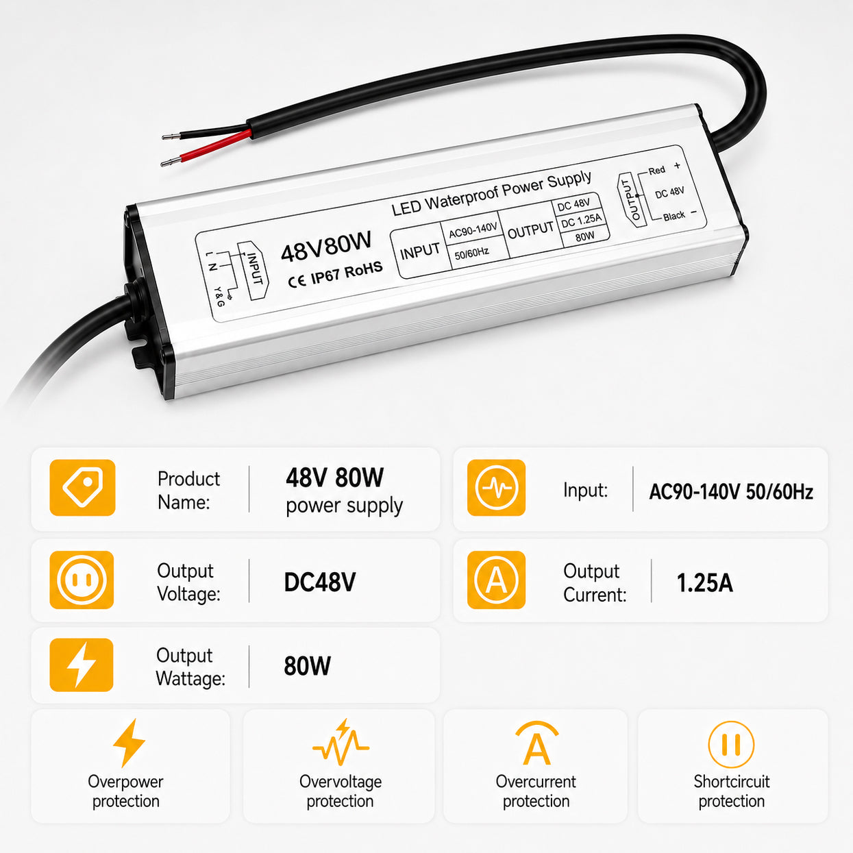80W 12V/24V/36V/48V Waterproof LED Power Supply, 90-265V Input, Single Output, Aluminum Housing, Outdoor LED Lighting Driver, CE/RoHS/FCC Certified, US/UK/EU Plug