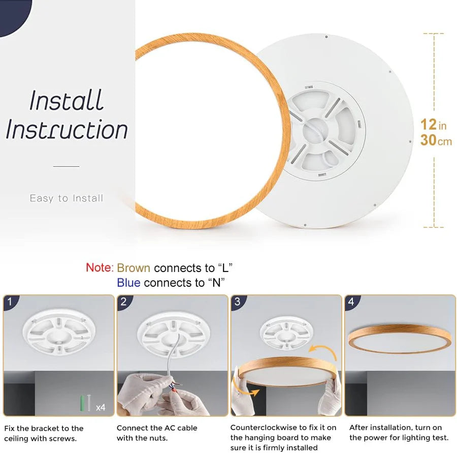 AC 220–240V Round Wood Grain LED Ceiling Light, 24W 3000K / 4500K / 5000K / 6500K Flush Mount Ceiling Light Local Stock (UK/DE)