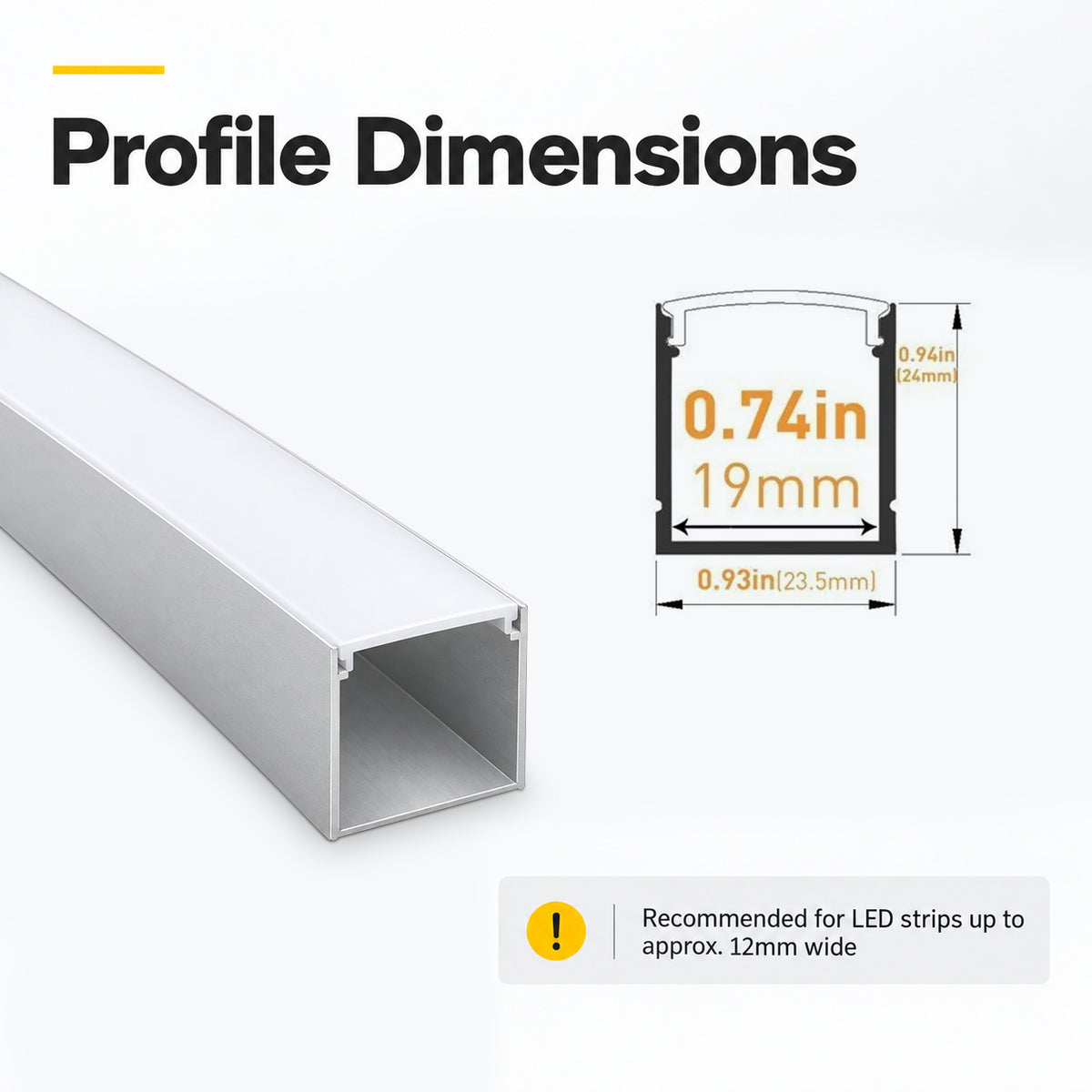 Silver U06 24x24mm U-Shape LED Aluminum Channel, 20mm Inner Width, with Cover, End Caps & Mounting Clips for Spot-Free LED Strip Lighting
