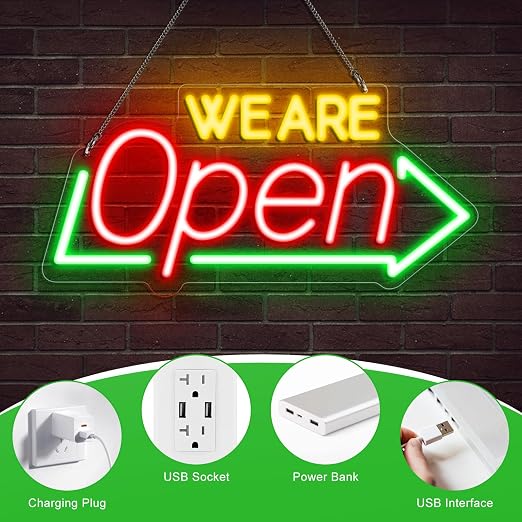 WE ARE OPEN Integrated LED shop signs – USB Powered | 16.1×7.8 inch | Arrow Shape LED Window Sign | Yellow + Red + Green Glow for Cafes, Restaurants & Retail Shops