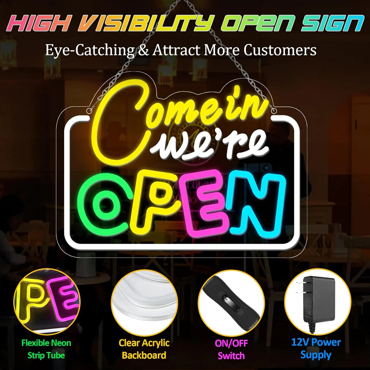 Come in We’re Open Neon Sign – Multicolor Glow | 15.7×11.8 inch (40×30 cm) | Window Hanging Business Sign | Plug & Play