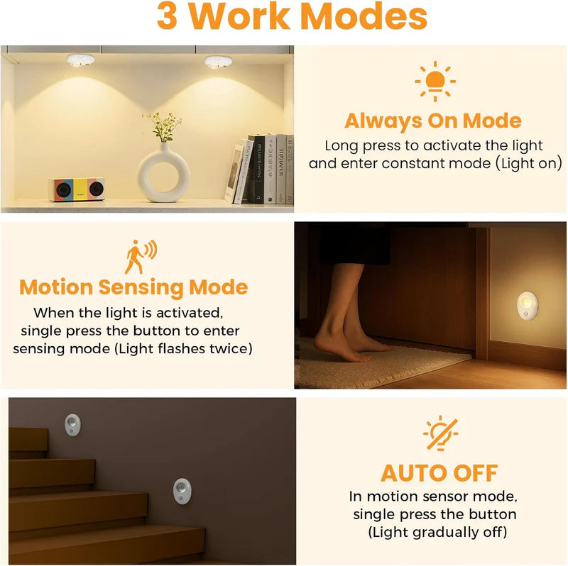 LightingWill Rechargeable Pebble LED Closet Light 4/6 Pack 1 LED, 3 Color Modes 3000K / 4000K / 6000K Motion Sensor Dimmable Cabinet Light, Tap Switch, White Finish, Magnetic Mounting